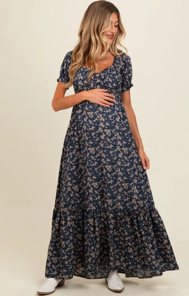 Navy Blue Floral Button Accent Maternity Maxi Dress