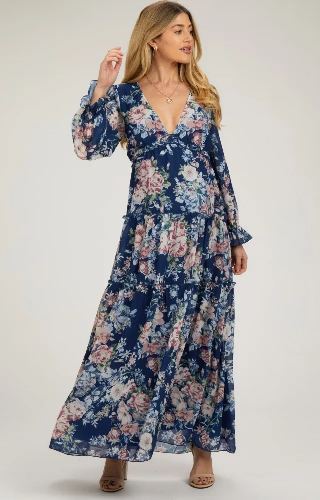 Navy Blue Floral Chiffon Deep V Ruffle Tiered Maternity Maxi Dress