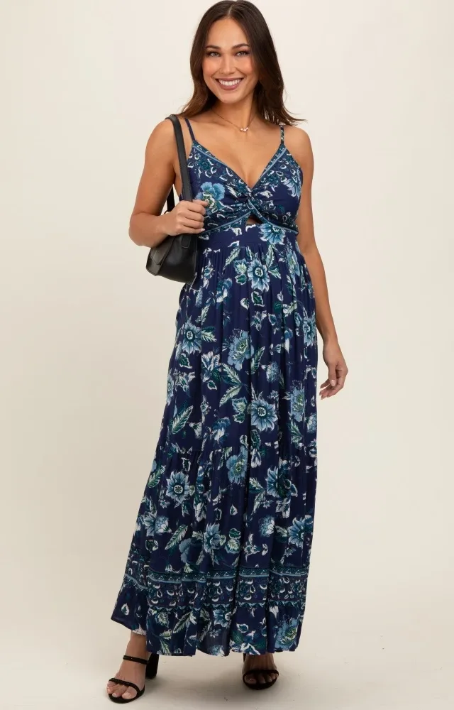 Navy Blue Floral Front Knot Twist Maternity Maxi Dress