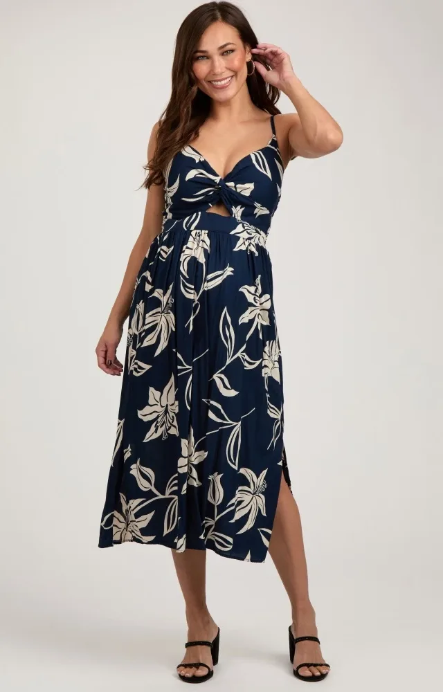 Navy Blue Floral Front Twist Maternity Midi Dress