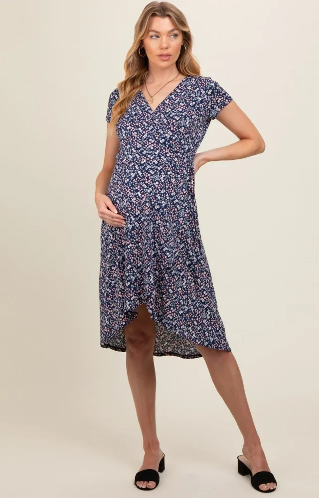 Navy Blue Floral Front Wrap Short Sleeve Maternity Dress