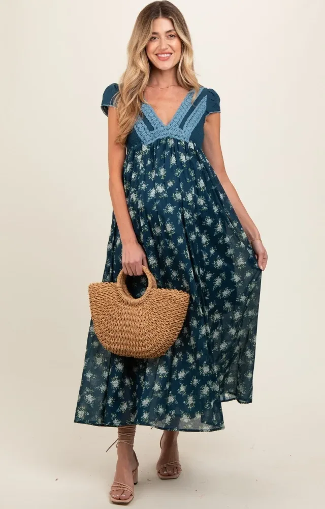 Navy Blue Floral Lace V-Neck Maternity Maxi Dress