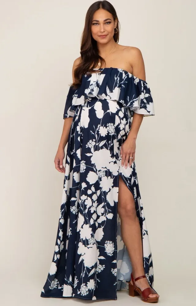 Navy Blue Floral Overlay Off-Shoulder Side Slit Maternity Maxi Dress