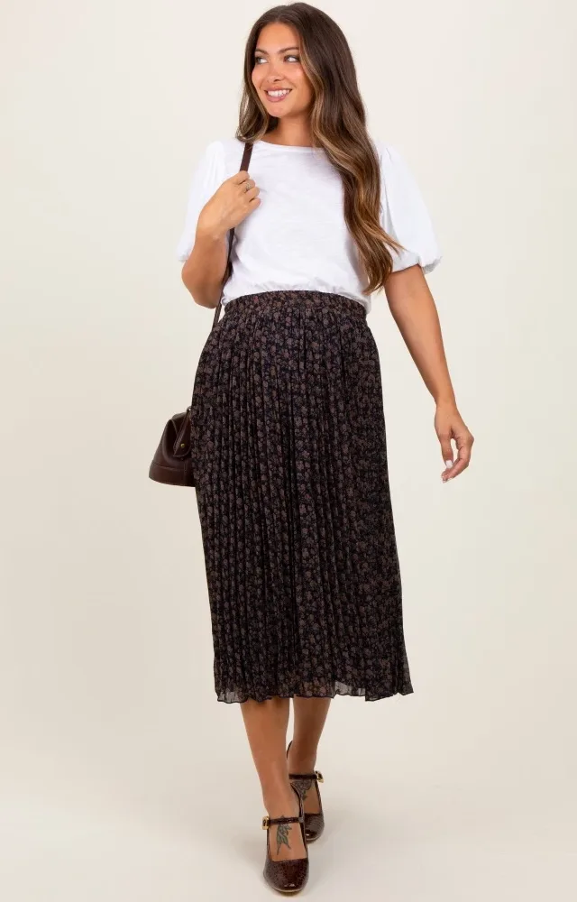 Navy Blue Floral Print Chiffon Pleated Maternity Midi Skirt