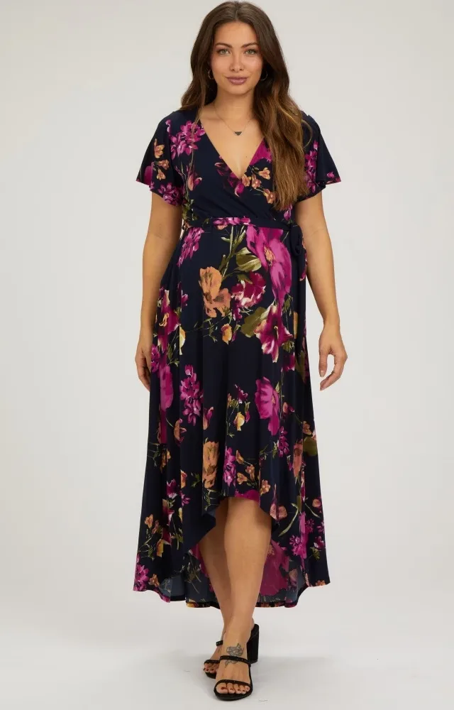 Navy Blue Floral Print Wrap Front V-Neck Hi-Low Maternity Midi Dress