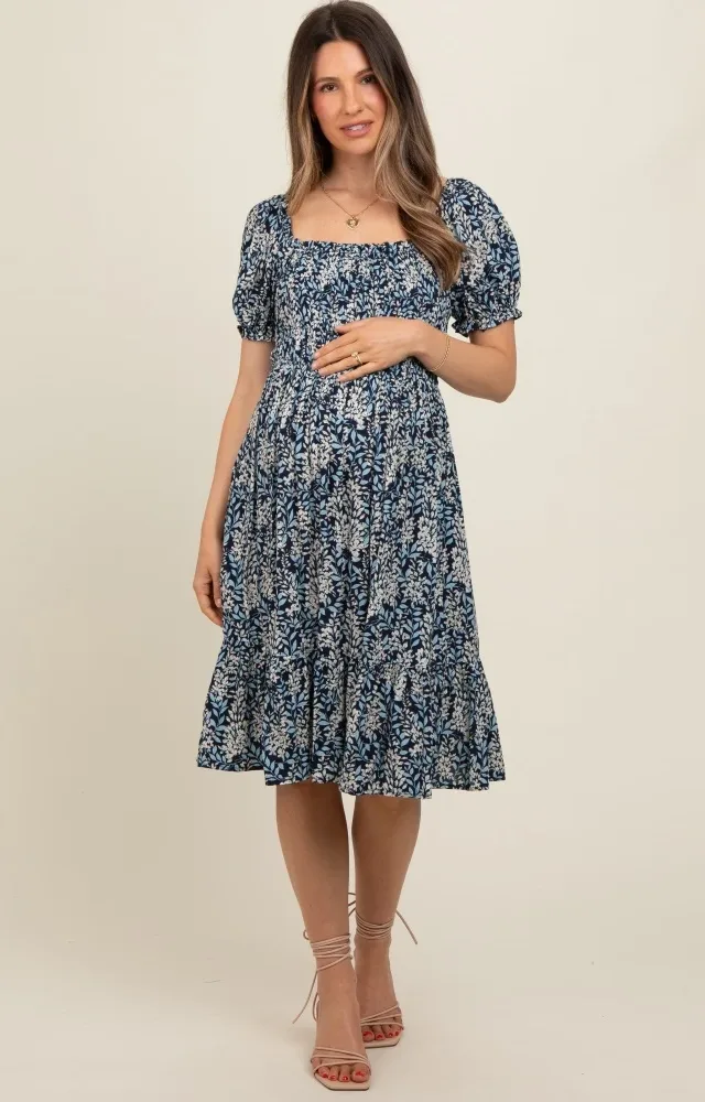 Navy Blue Floral Puff Sleeve Smocked Chest Maternity Dress