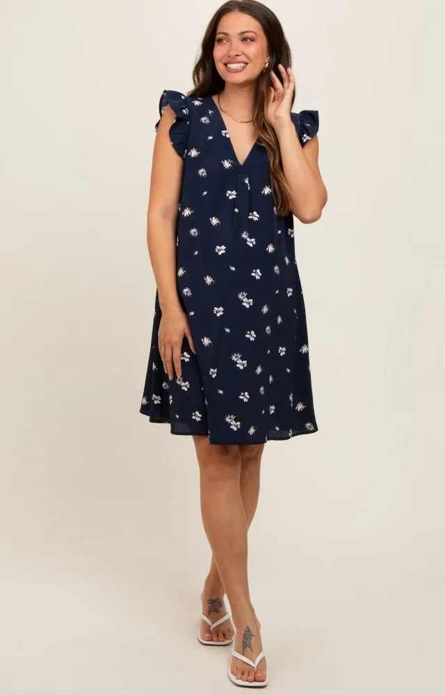 Navy Blue Floral Ruffle Cap Sleeve Maternity Dress