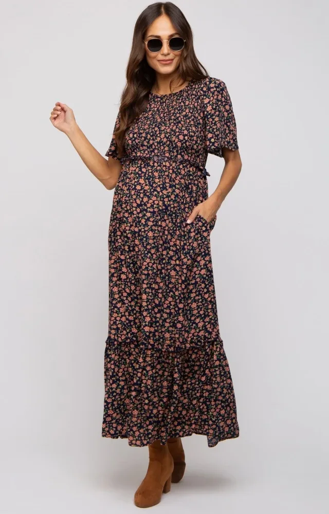 Navy Blue Floral Smocked Flutter Short Sleeve Maternity Midi Dress