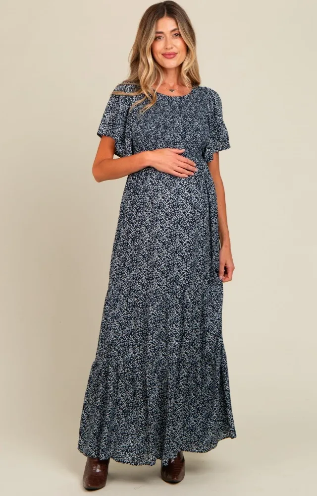 Navy Blue Floral Smocked Flutter Sleeve Maternity Maxi Dress