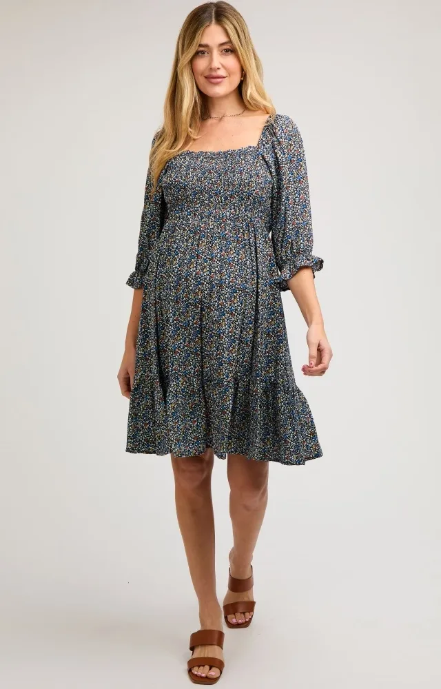 Navy Blue Floral Smocked Maternity Dress