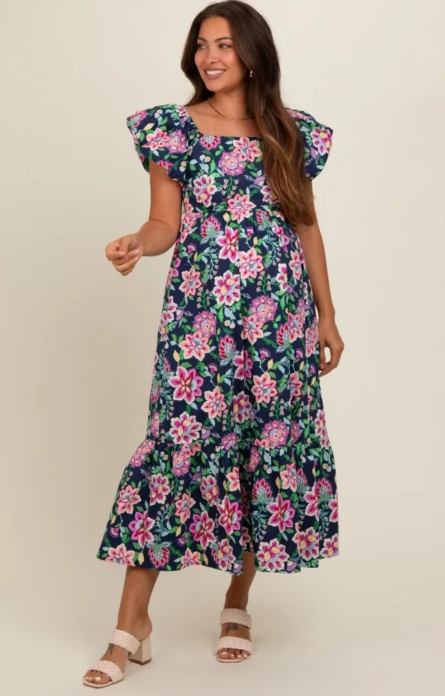 Navy Blue Floral Square Neck Puffy Sleeves Maternity Dress