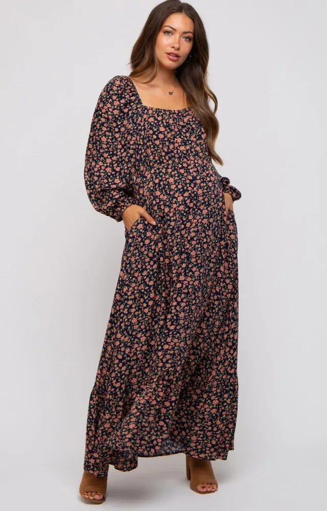 Navy Blue Floral Square Neck Ruffle Maternity Maxi Dress