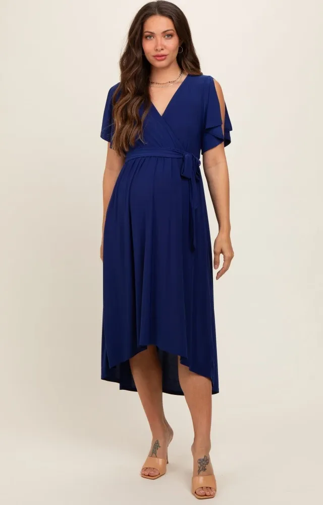 Navy Blue Flutter Sleeve Waist Tie Maternity Nursing Dress