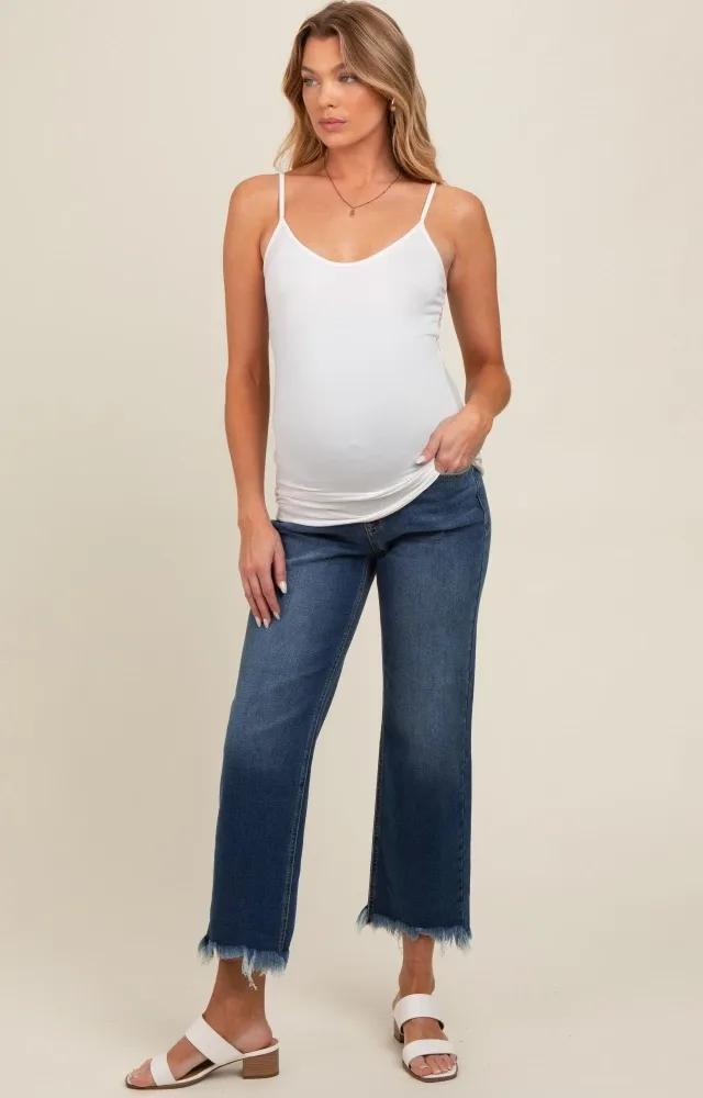 Navy Blue Fringe Hem Maternity Cropped Jeans