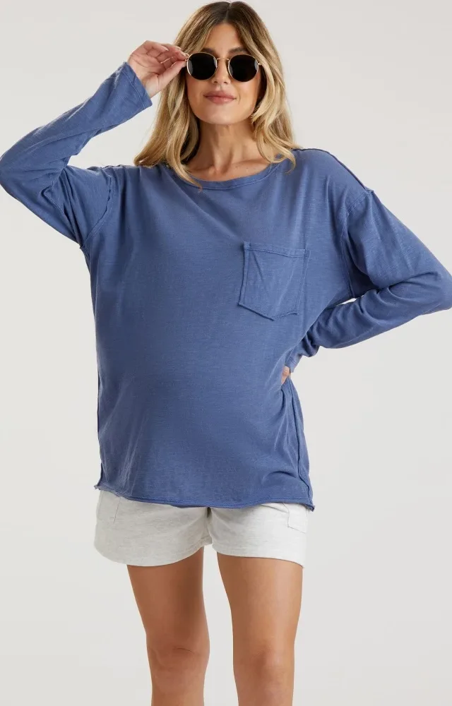 Navy Blue Mineral Wash Front Pocket Long Sleeve Maternity Top