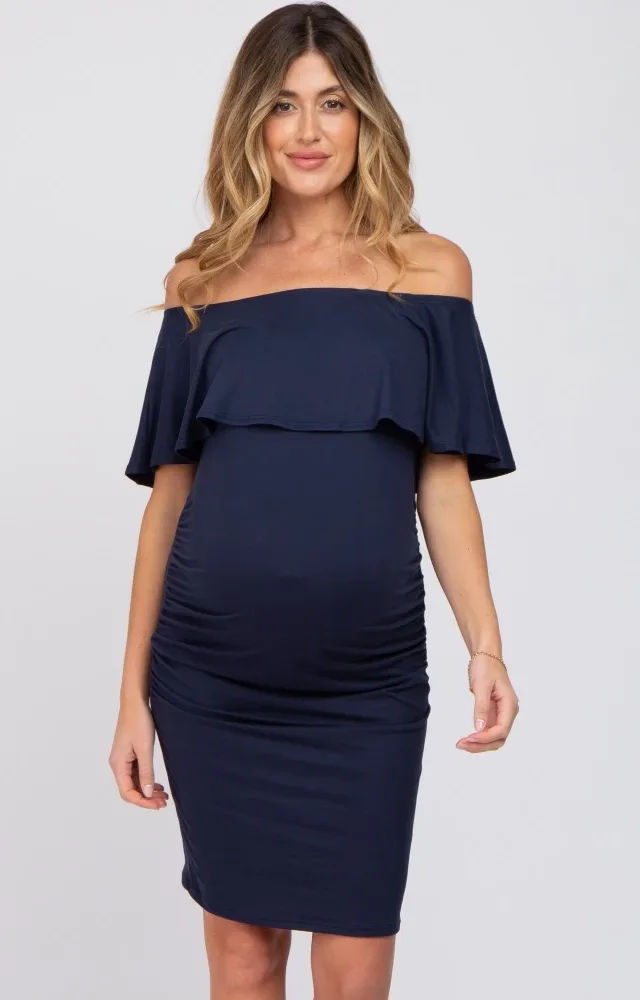 Navy Blue Off Shoulder Fitted Maternity Dress