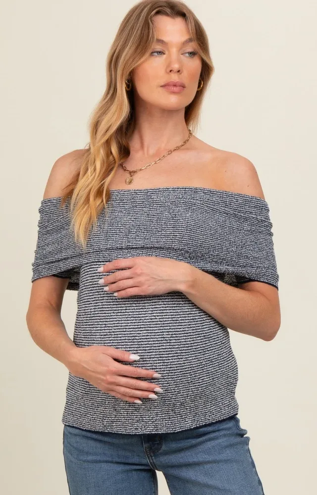 Navy Blue Off Shoulder Striped Maternity Top