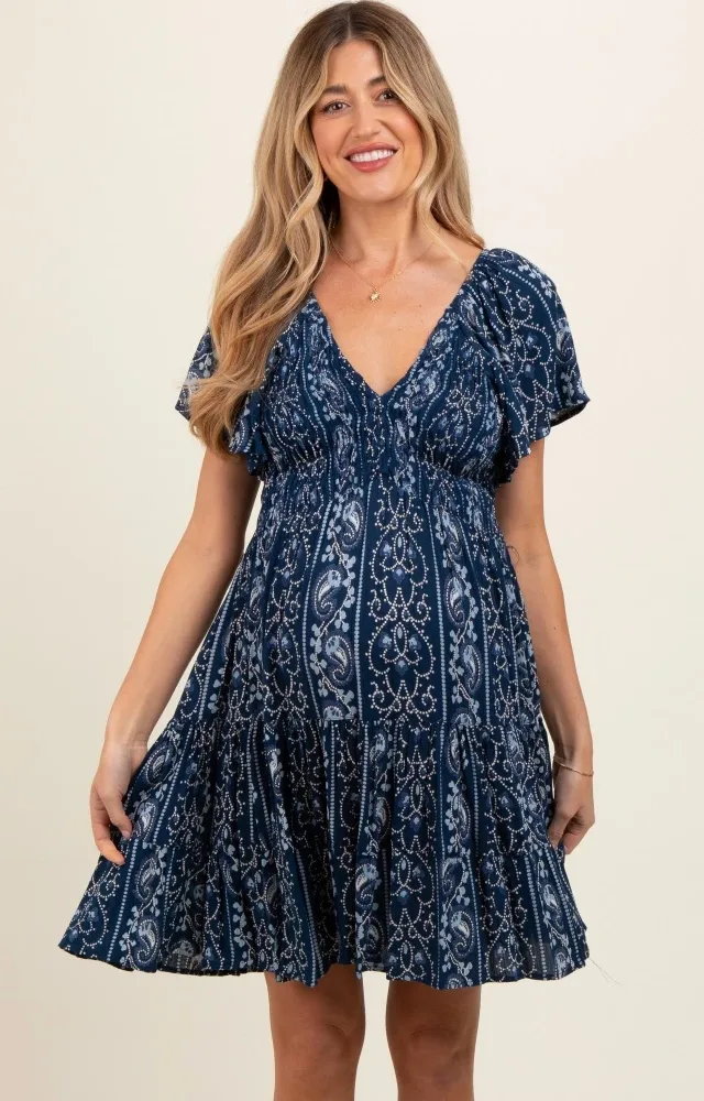 Navy Blue Patterned Smocked Front Maternity Dress