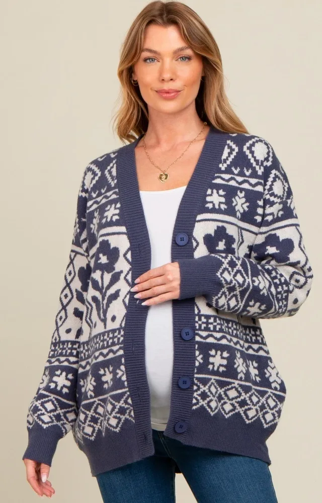 Navy Blue Printed Maternity Button Up Cardigan