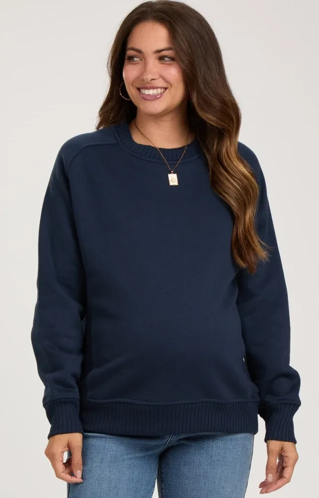 Navy Blue Pullover Maternity Terry Crewneck