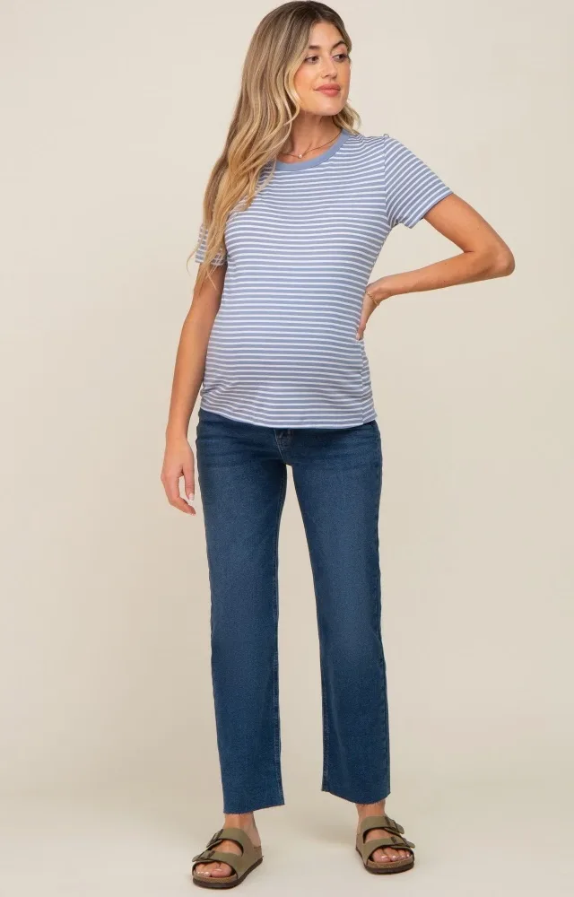 Navy Blue Raw Hem Maternity Straight Leg Jeans