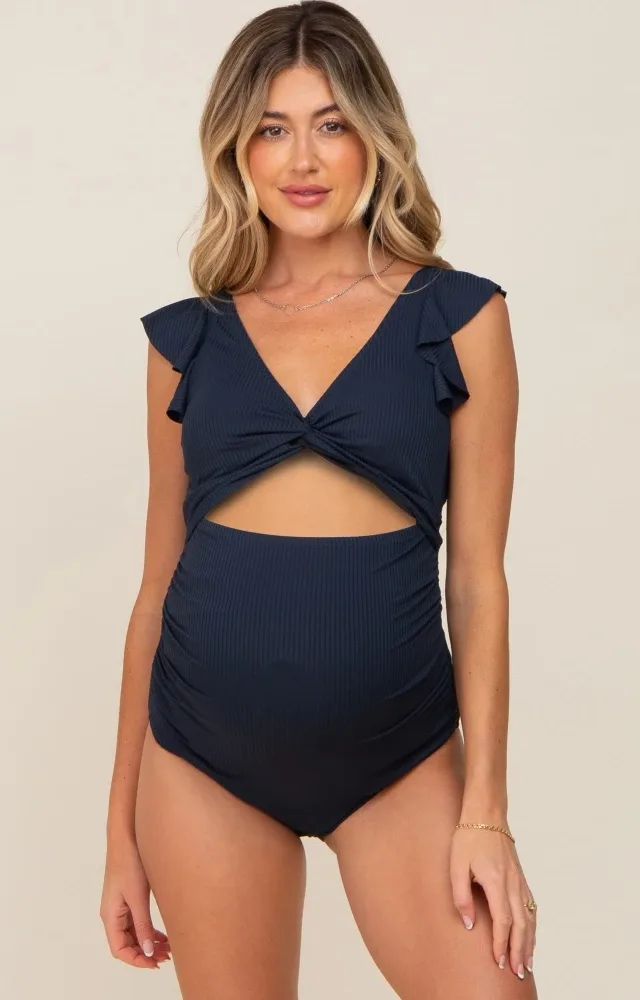 Navy Blue Ribbed Cutout Flutter One Piece Maternity Swimsuit