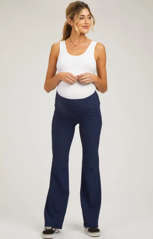 Navy Blue Ribbed Maternity Flared Leggings