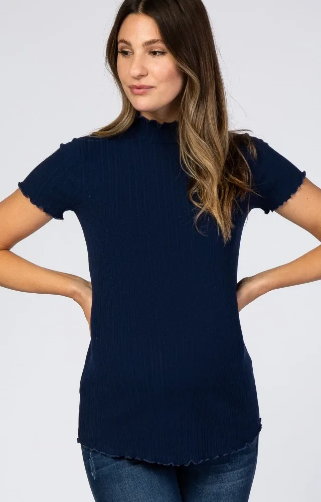 Navy Blue Ribbed Ruffle Trim Maternity Top