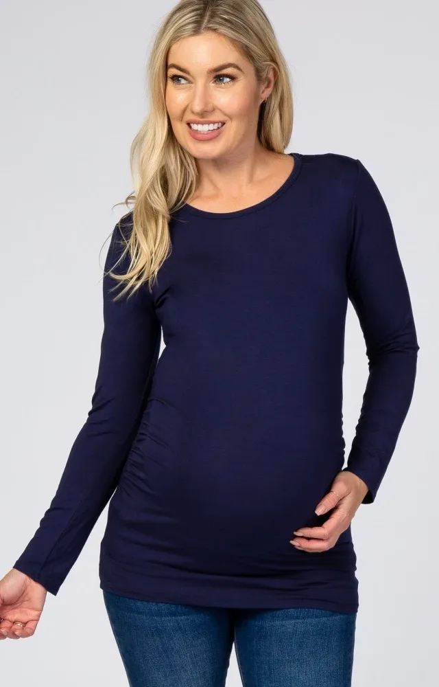 Navy Blue Ruched Fitted Maternity Top