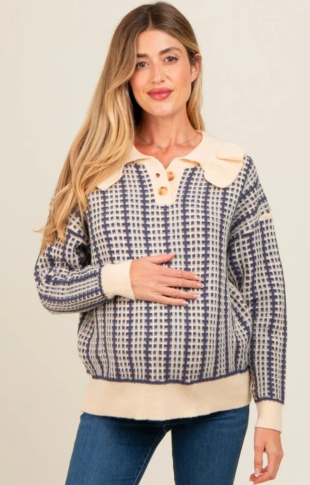 Navy Blue Ruffle Collar Button Up Waffle Knit Maternity Sweater