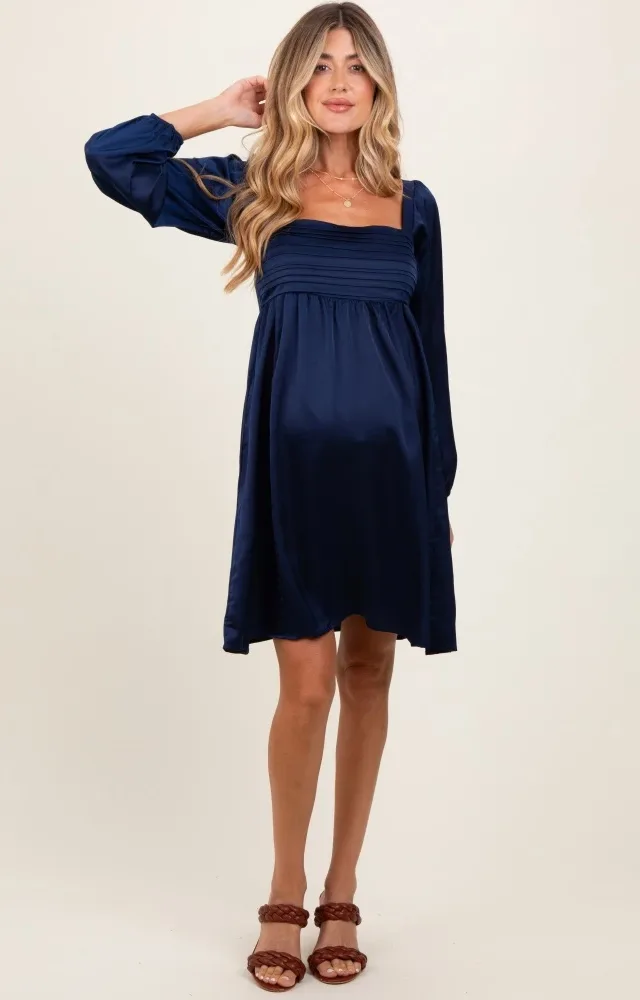 Navy Blue Satin Pleated Detail Bodice Maternity Dress