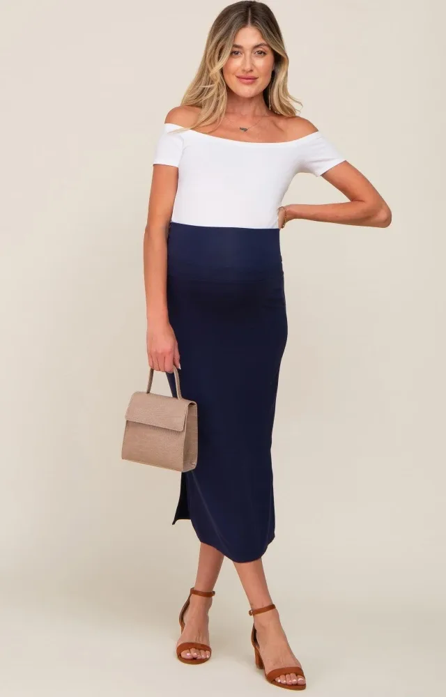 Navy Blue Side Slit Maternity Midi Skirt