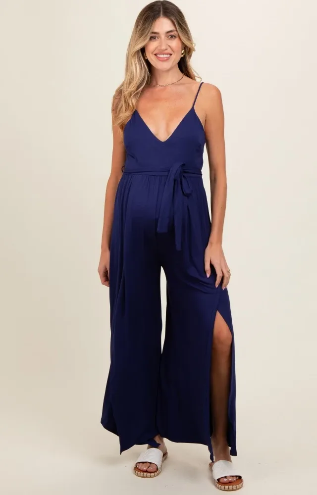 Navy Blue Sleeveless V-Neck Split Hem Maternity Jumpsuit