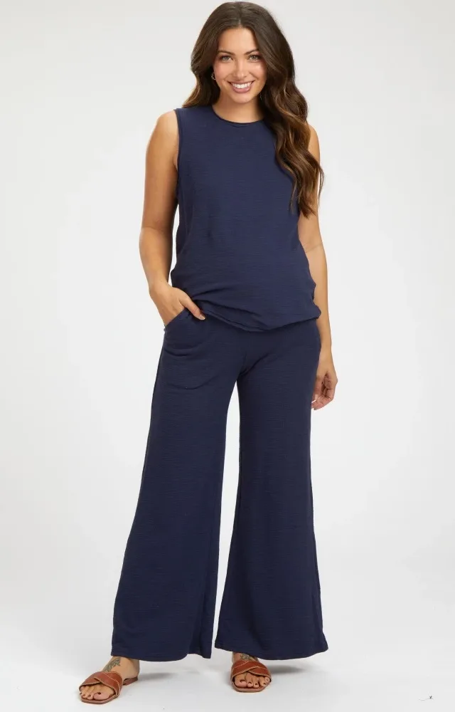 Navy Blue Slub Knit Maternity Pants Set