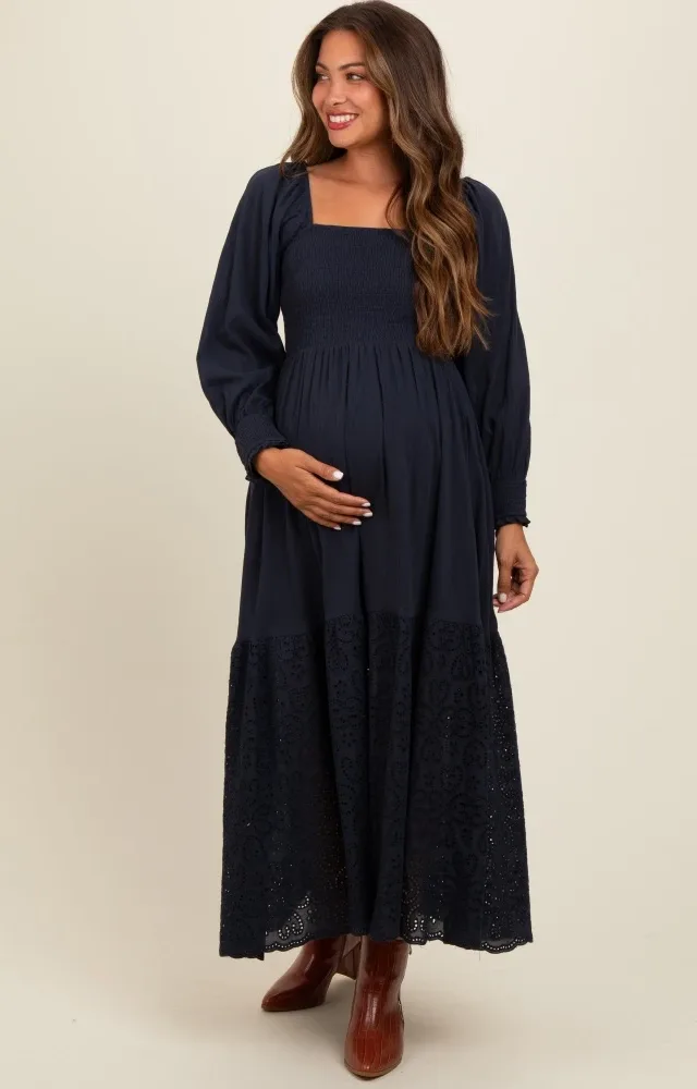 Navy Blue Smocked Eyelet Lace Hem Maternity Maxi Dress