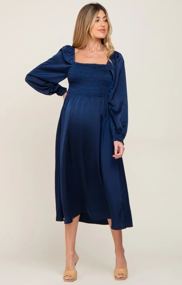 Navy Blue Smocked Square Neck Satin Maternity Midi Dress