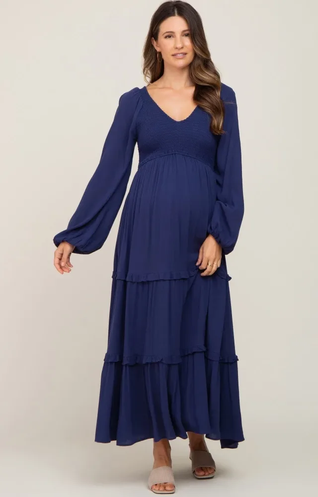 Navy Blue Smocked Tiered Maternity Midi Dress