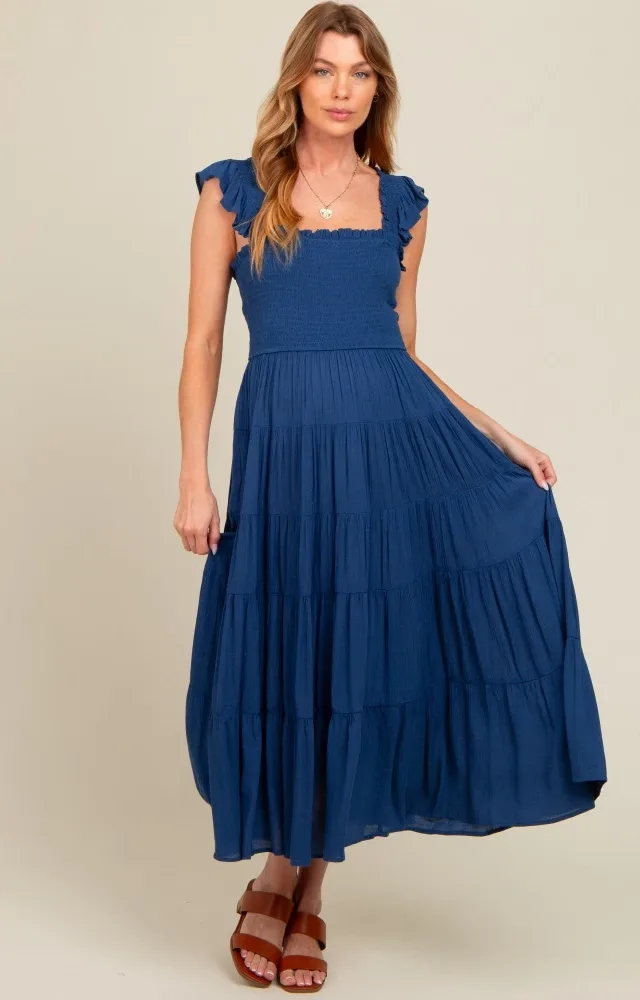 Navy Blue Smocked Tiered Ruffle Strap Maternity Midi Dress