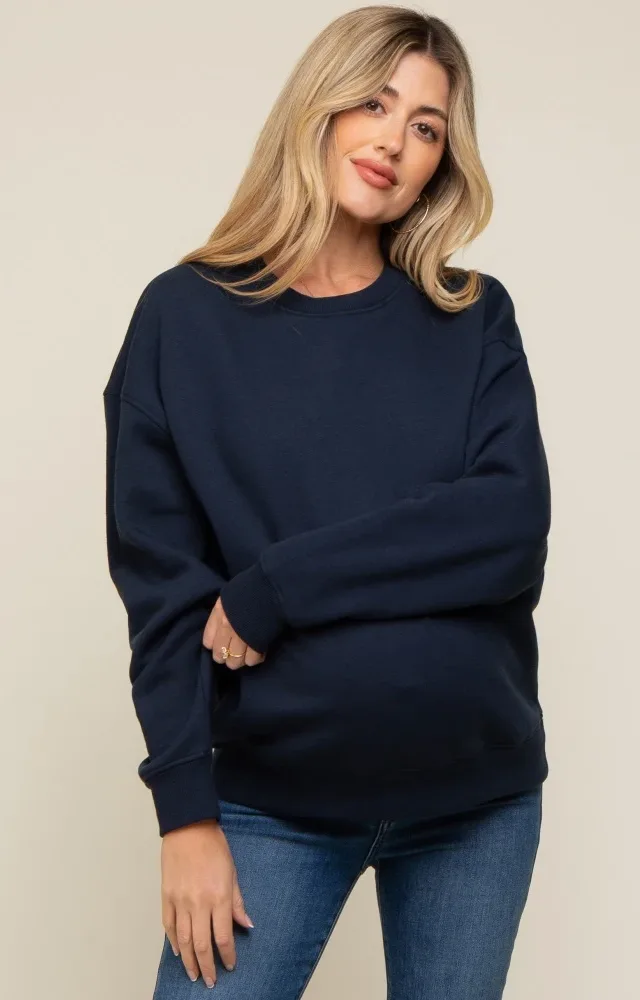 Navy Blue Soft Knit Fleece Lined Maternity Sweatshirt