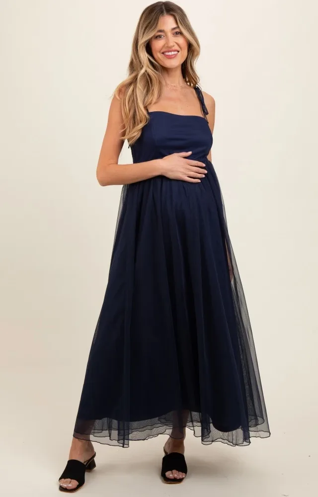 Navy Blue Square Neck Shoulder Tie Tulle Maternity Maxi Dress