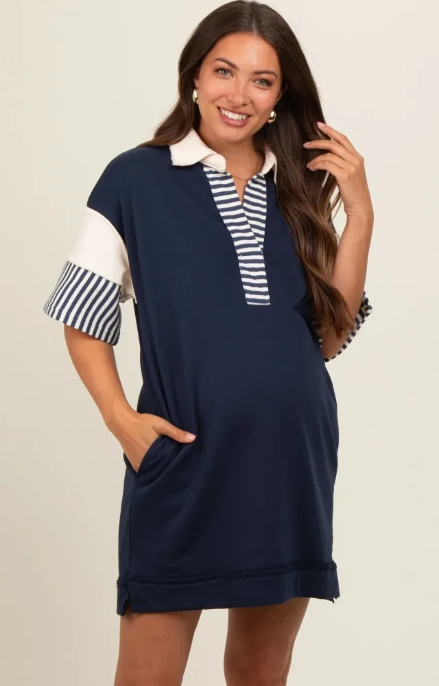 Navy Blue Striped Color Block Collared Terry Maternity Dress