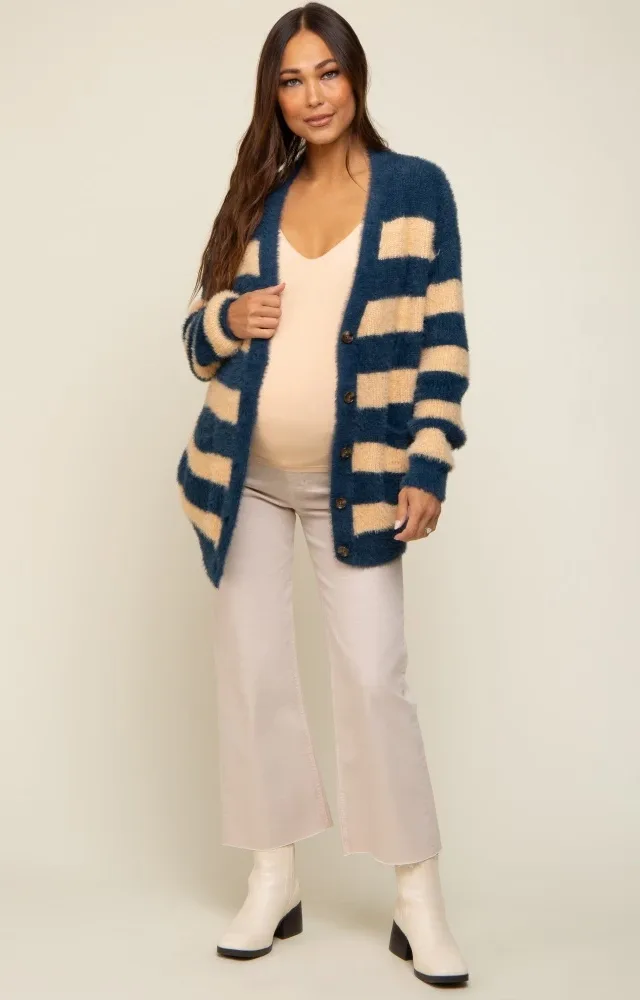 Navy Blue Striped Fuzzy Maternity Cardigan