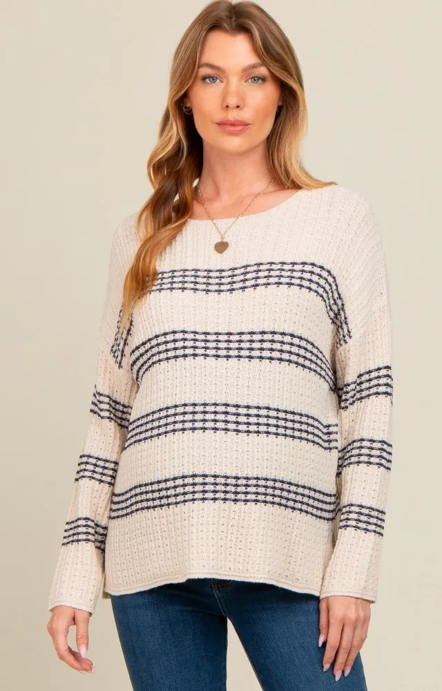 Navy Blue Striped Waffle Knit Maternity Sweater