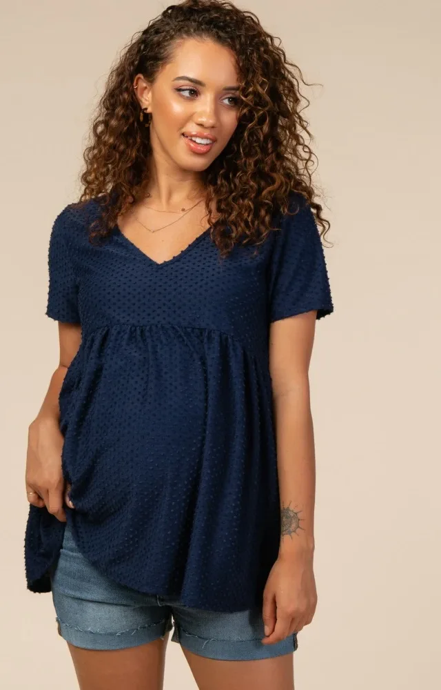 Navy Blue Swiss Dot Peplum Maternity Top