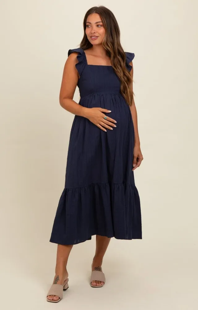 Navy Blue Textured Cotton Ruffle Strap Maternity Midi Dress