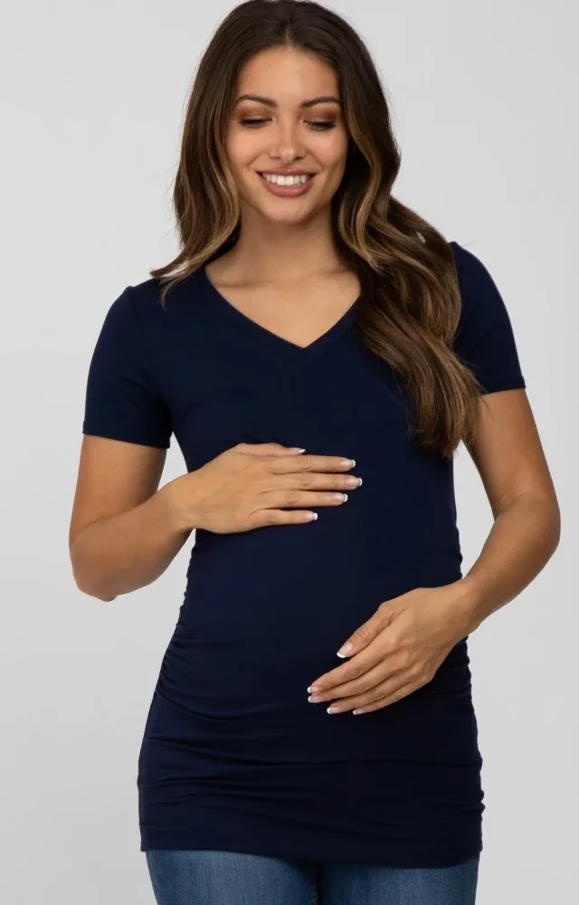 Navy Blue V-Neck Ruched Side Maternity Top