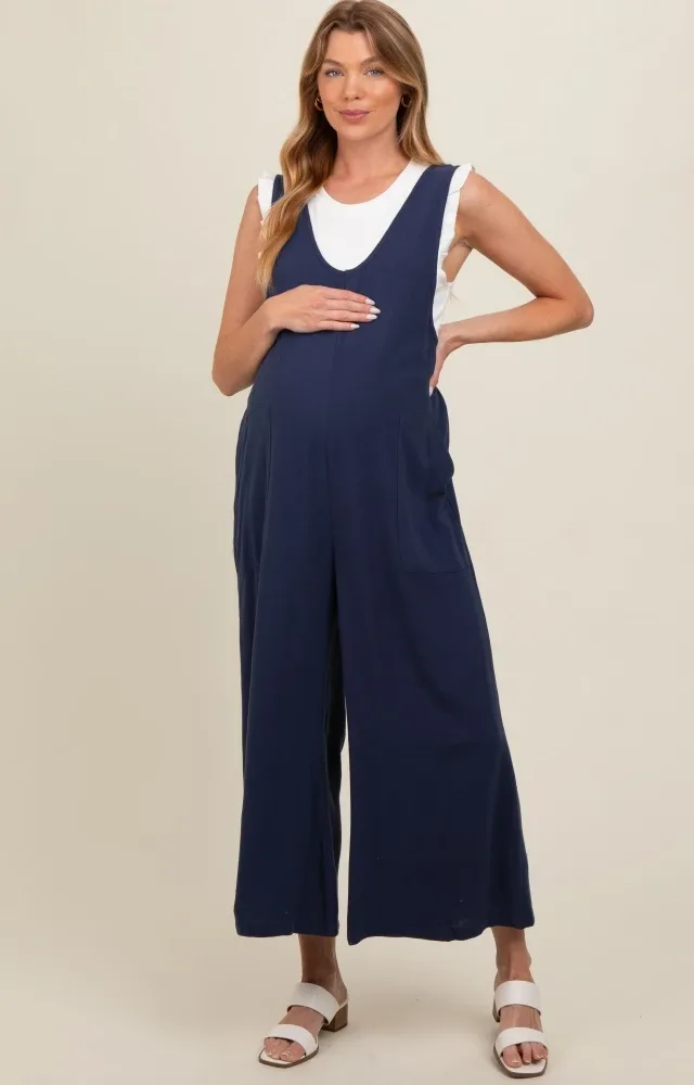 Navy Blue V-Neck Wide Leg Maternity Jumpsuit