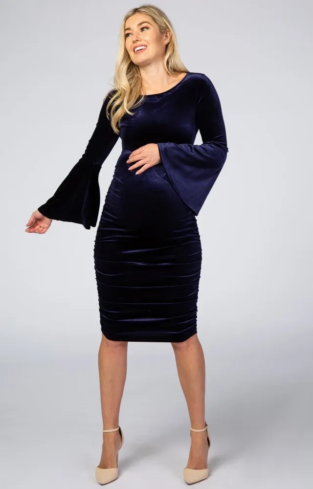 Navy Blue Velvet Bell Sleeve Maternity Dress