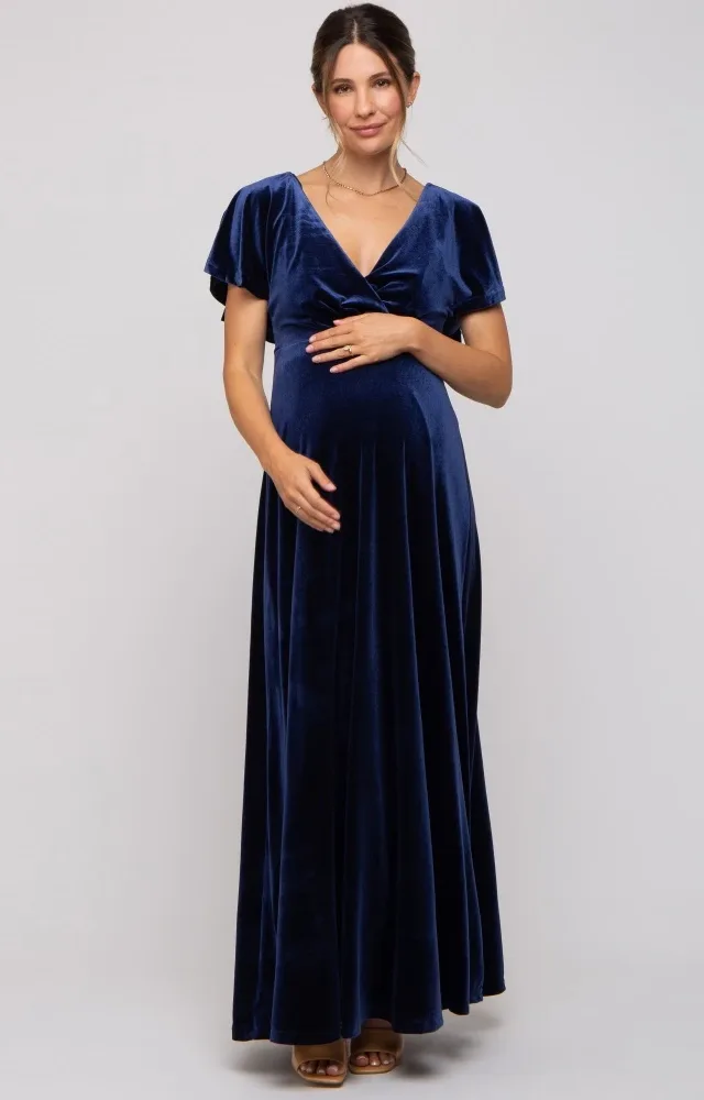 Navy Blue Velvet Maternity Maxi Dress