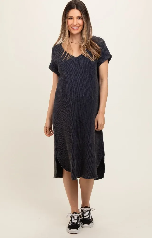 Navy Blue Waffle Knit Short Sleeve Maternity Dress